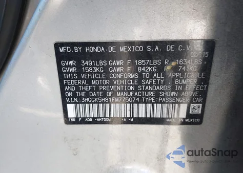 2015 Honda Fit Ex/Ex-L from USA, damaged, VIN 3HGGK5H81FM775074